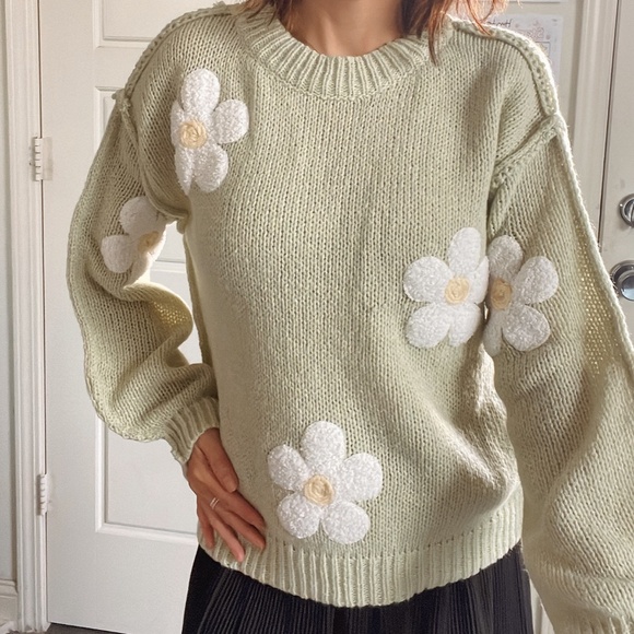 Cozy Sage Daisy Fuzzy Patch Reverse Stitch Sweater Top - Picture 10 of 11